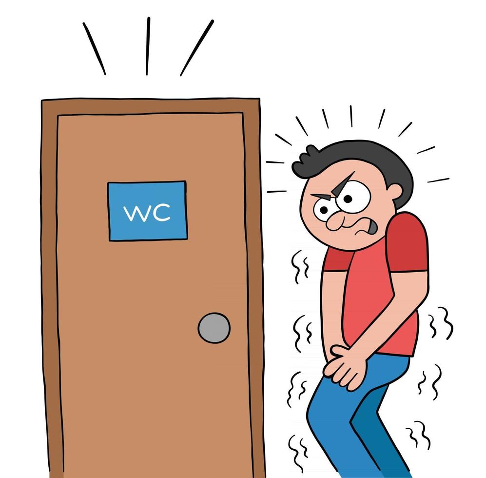 Cartoon Man Waiting at the Toilet Door Vector Illustration