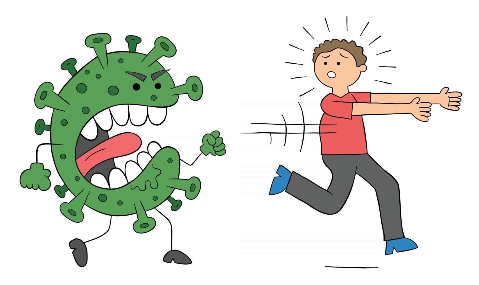 monstruo de coronavirus de dibujos animados está persiguiendo a la ilustración de vector de hombre