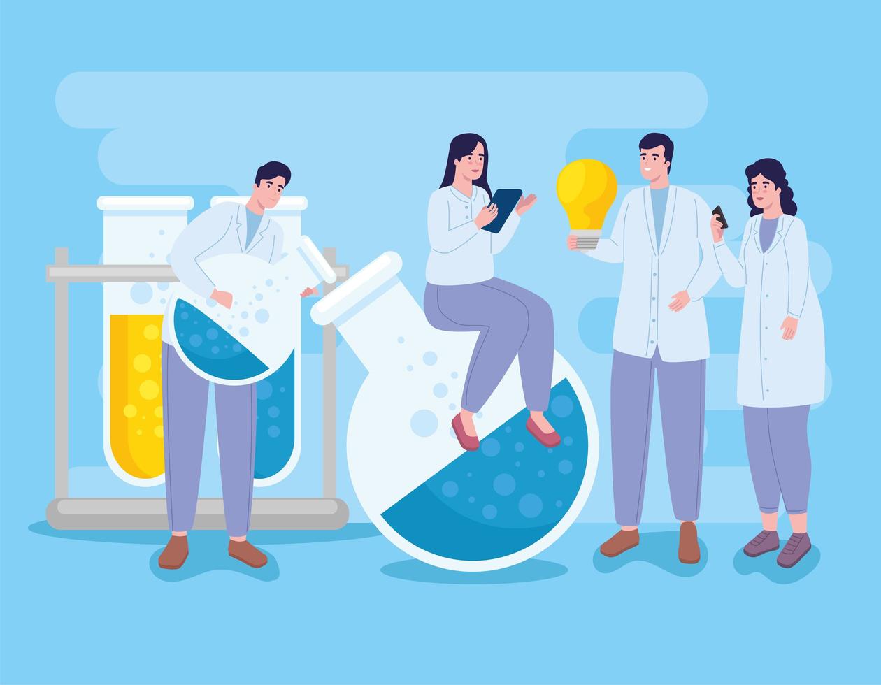 women and men with laboratory icons vector