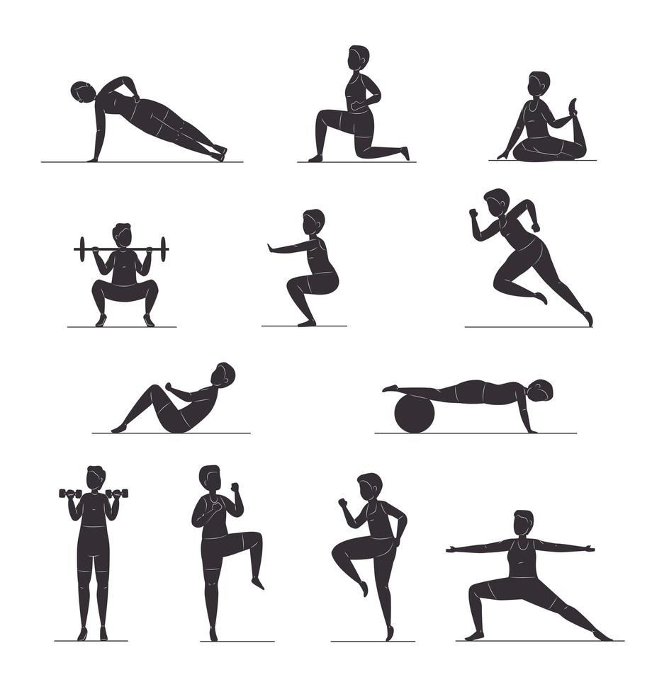 twelve fitness silhouettes vector