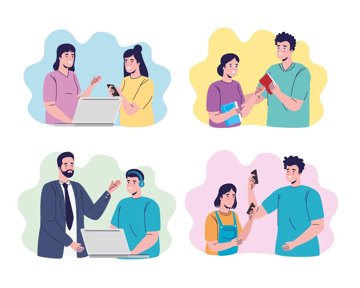 group of seven students and teacher characters online education vector