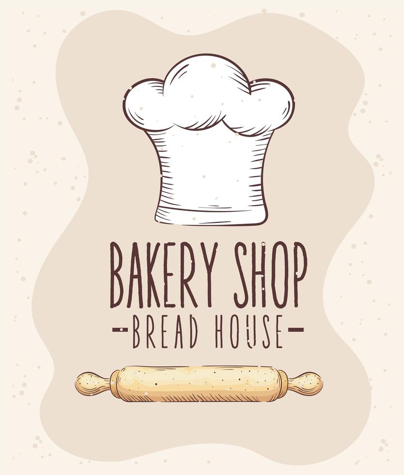 bakery shop lettering with chef hat and wooden roll vector
