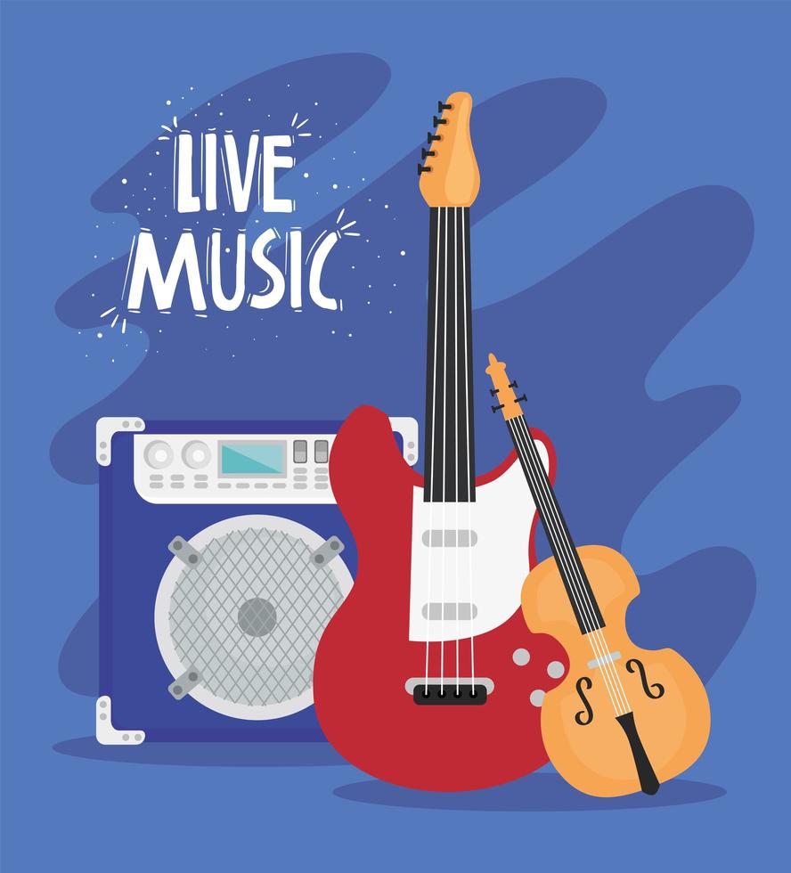 live music lettering with musical instruments vector