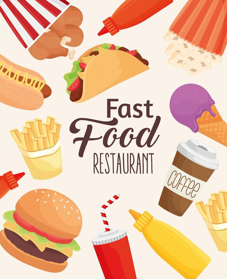 Letras de comida rápida con patrón de iconos de conjunto vector