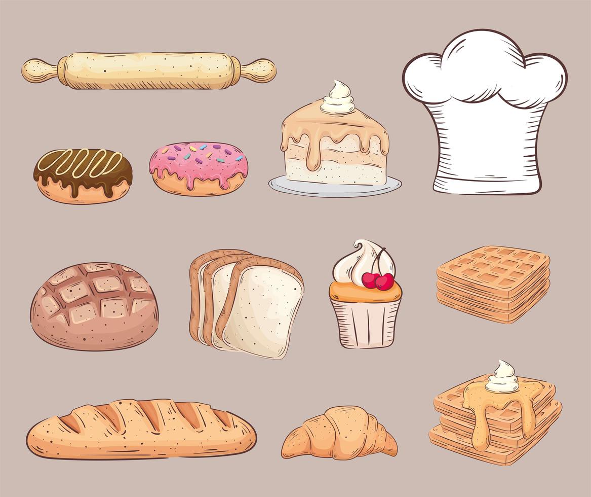 bundle of twelve bakery shop set icons vector
