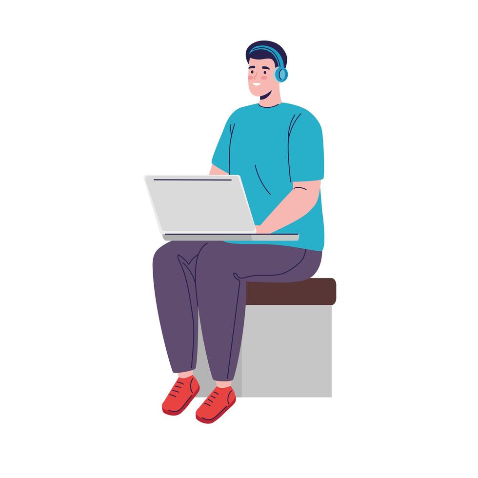 young man using laptop seated vector