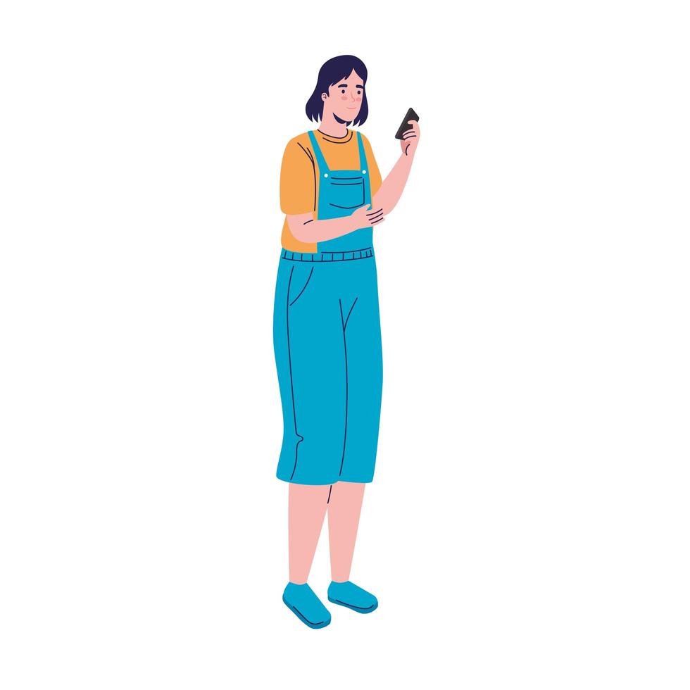 young woman using smartphone device character vector