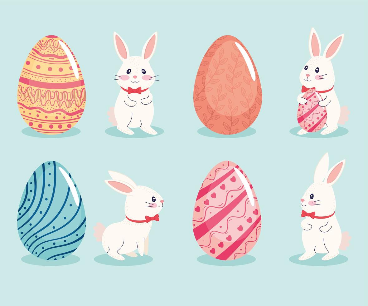 Tarjeta de feliz temporada de pascua con un conjunto de cuatro huevos y conejos vector