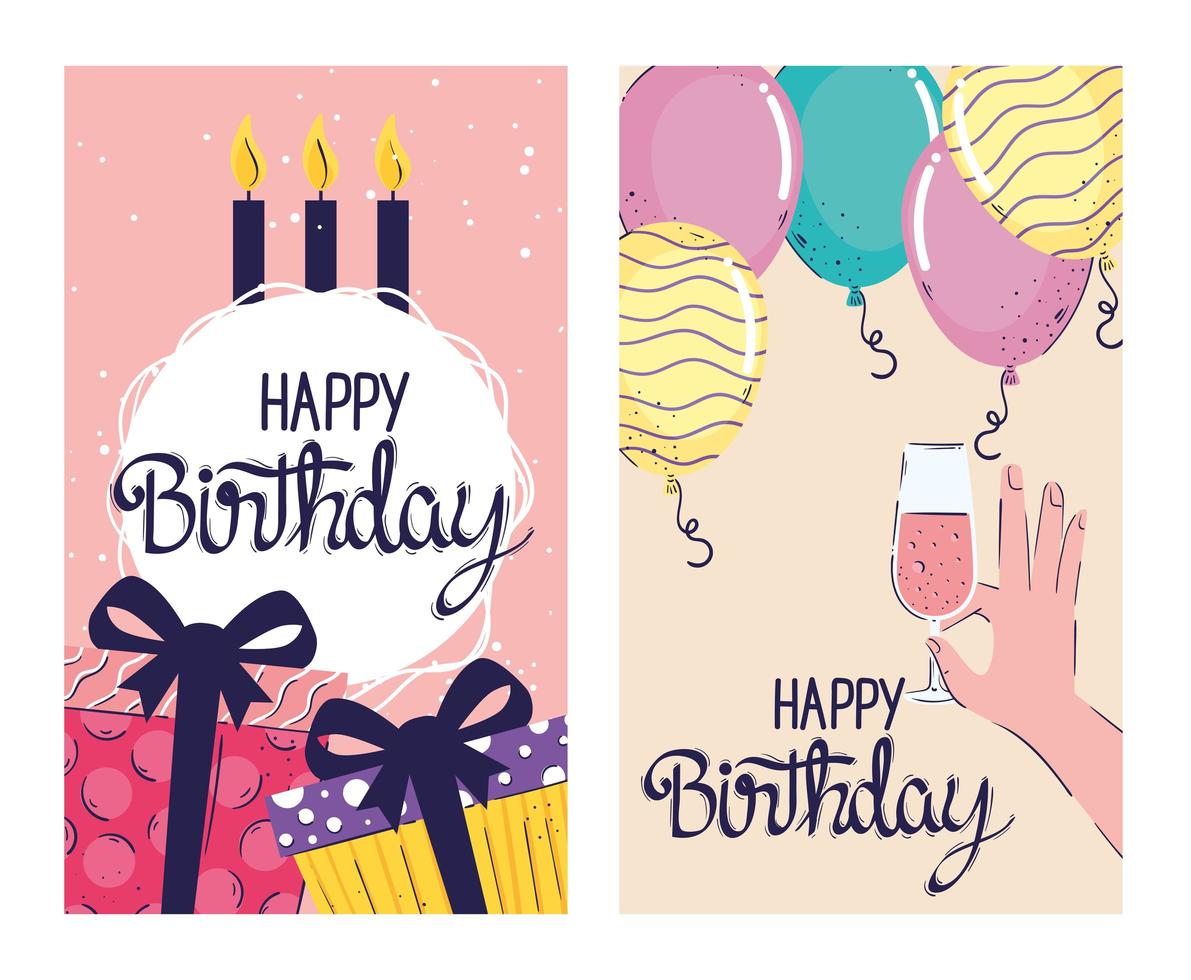 Tarjetas de feliz cumpleaños con letras con regalos y globos de helio. vector