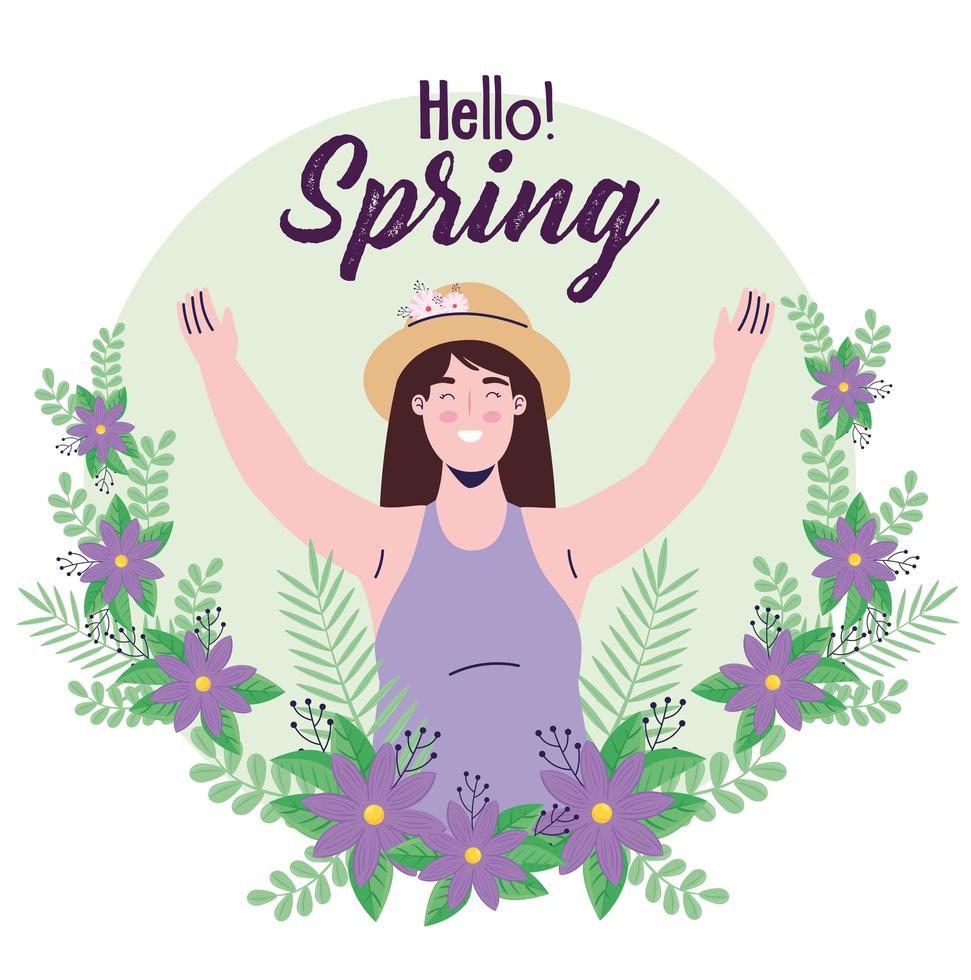 Tarjeta de letras de temporada de primavera con mujer en corona floral vector