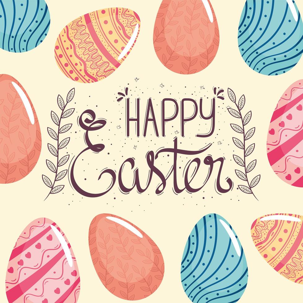 happy easter season card with lettering and eggs painted pattern vector