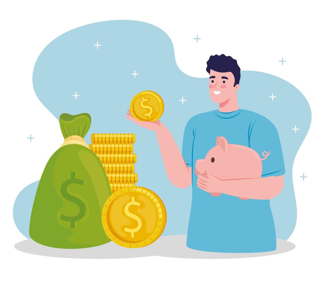 man lifting piggy savings money and coins vector