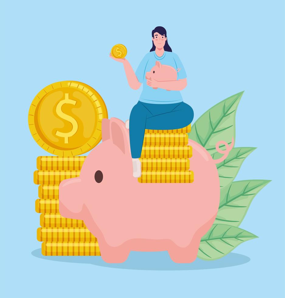 saver female lifting piggy savings seated in coins with leafs vector