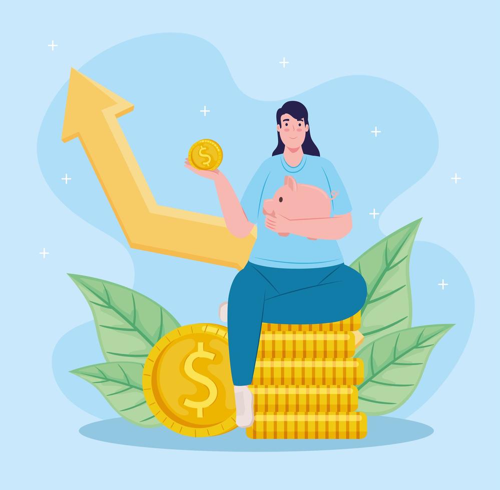 saver female lifting piggy savings seated in coins with statistics arrow vector