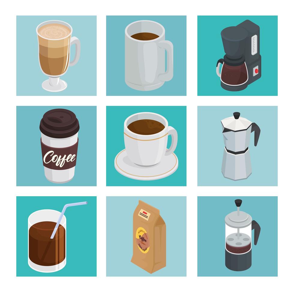 paquete de nueve bebidas de café set iconos vector