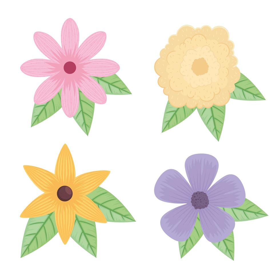 bundle of four flowers and leafs icons vector