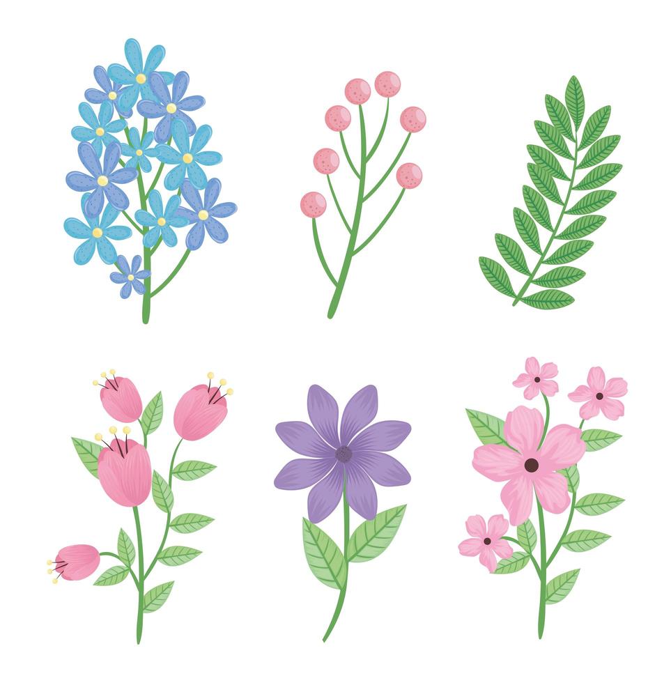 bundle of flowers and leafs spring season icons vector