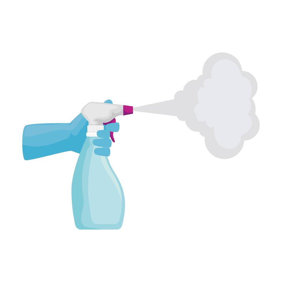 hand wearing glove with disinfectant spray bottle vector