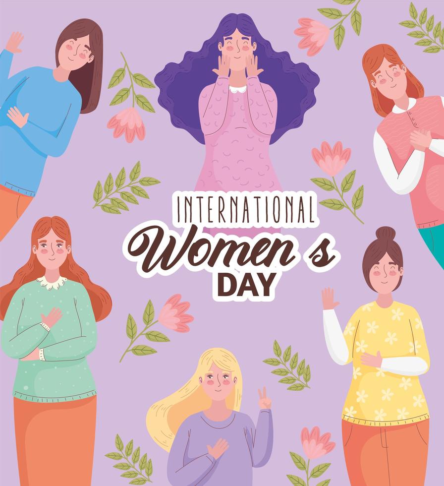 happy womens day lettering with group of girls and flowers vector