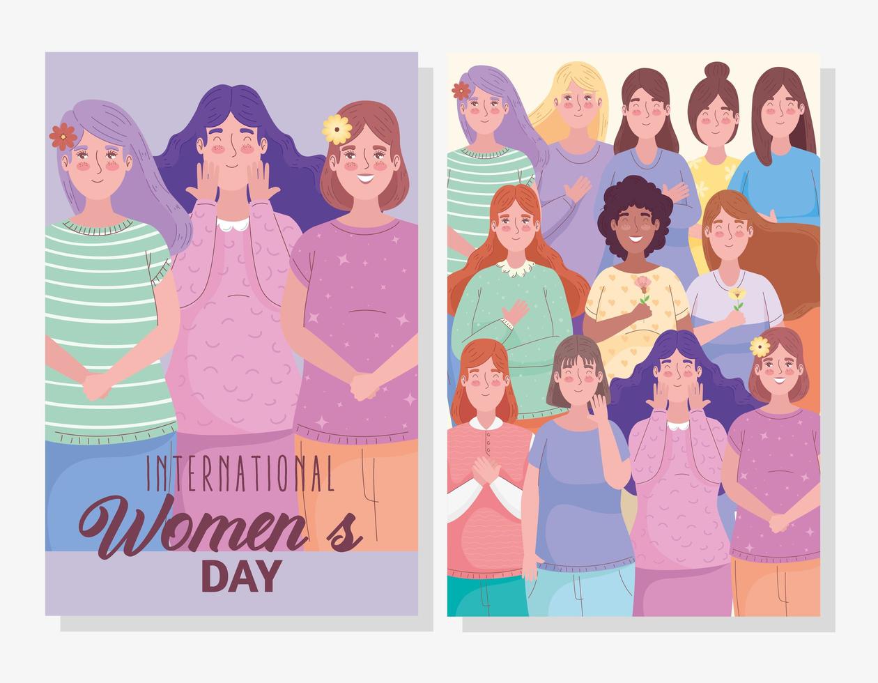 happy womens day lettering with group of girls vector