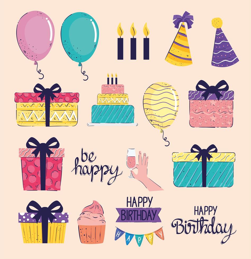 bundle of fourteen happy birthday letterings and icons vector