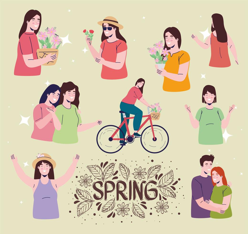 spring season lettering card with people characters vector