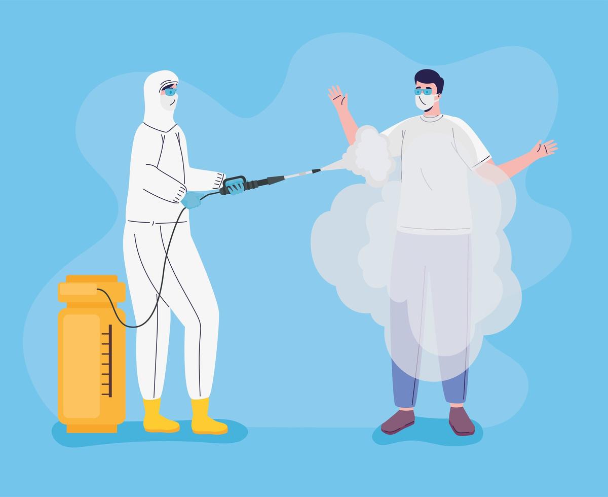 worker wearing bio safety suit disinfecting person vector