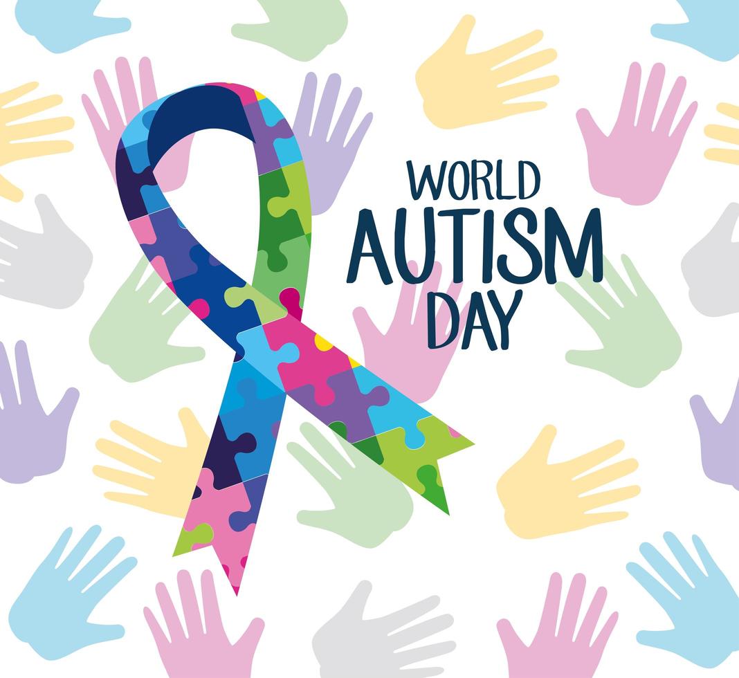 world autism day lettering with ribbon campaign and puzzle pieces vector