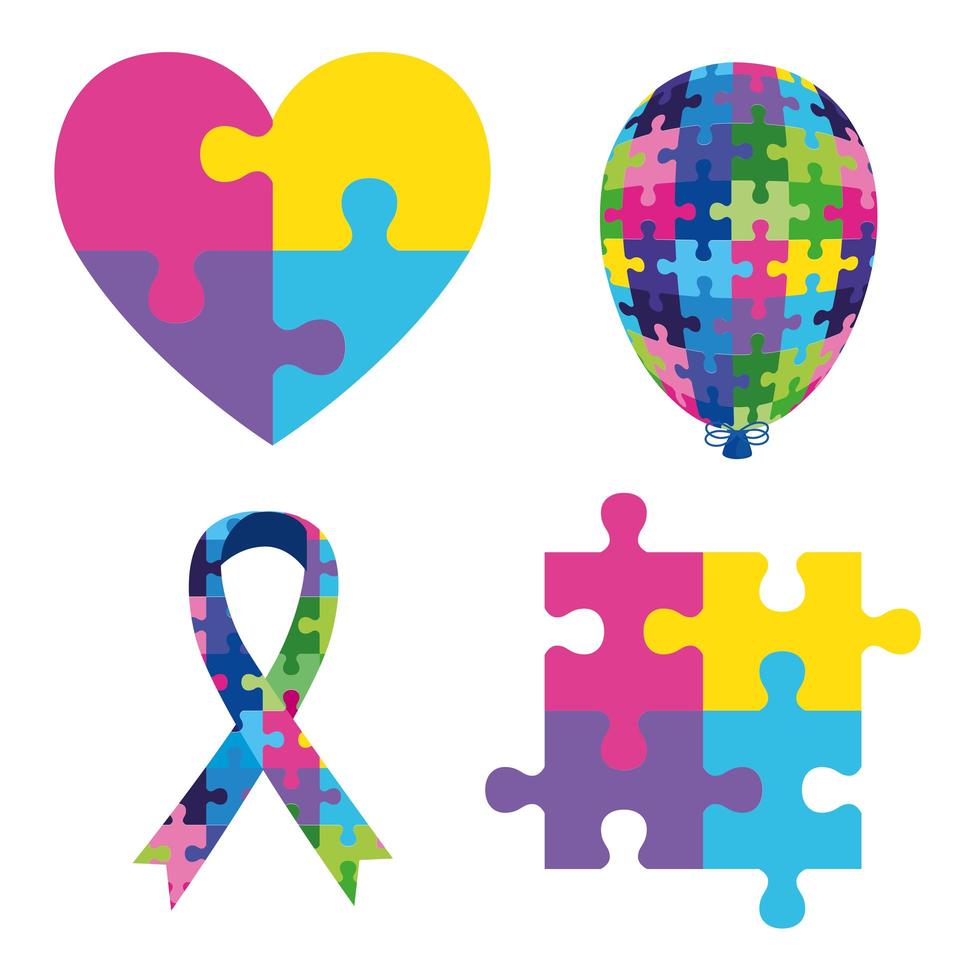 paquete de cuatro iconos del día mundial del autismo vector