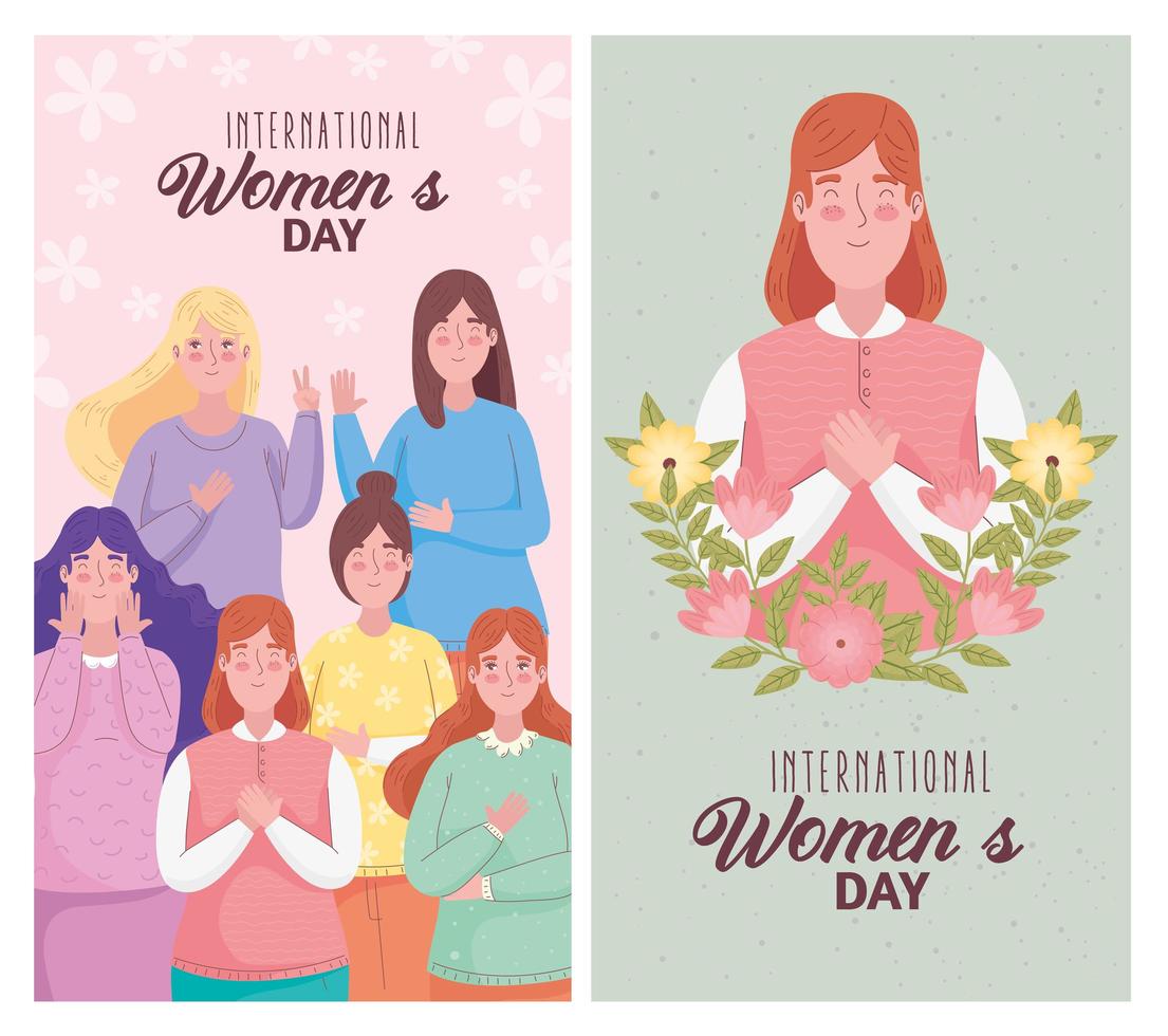 happy womens day letterings cards with group of girls and flowers vector