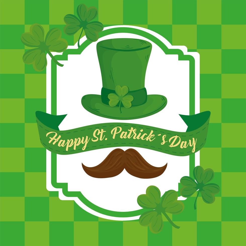 Feliz día de San Patricio letras en cinta con bigote y sombrero de duende vector