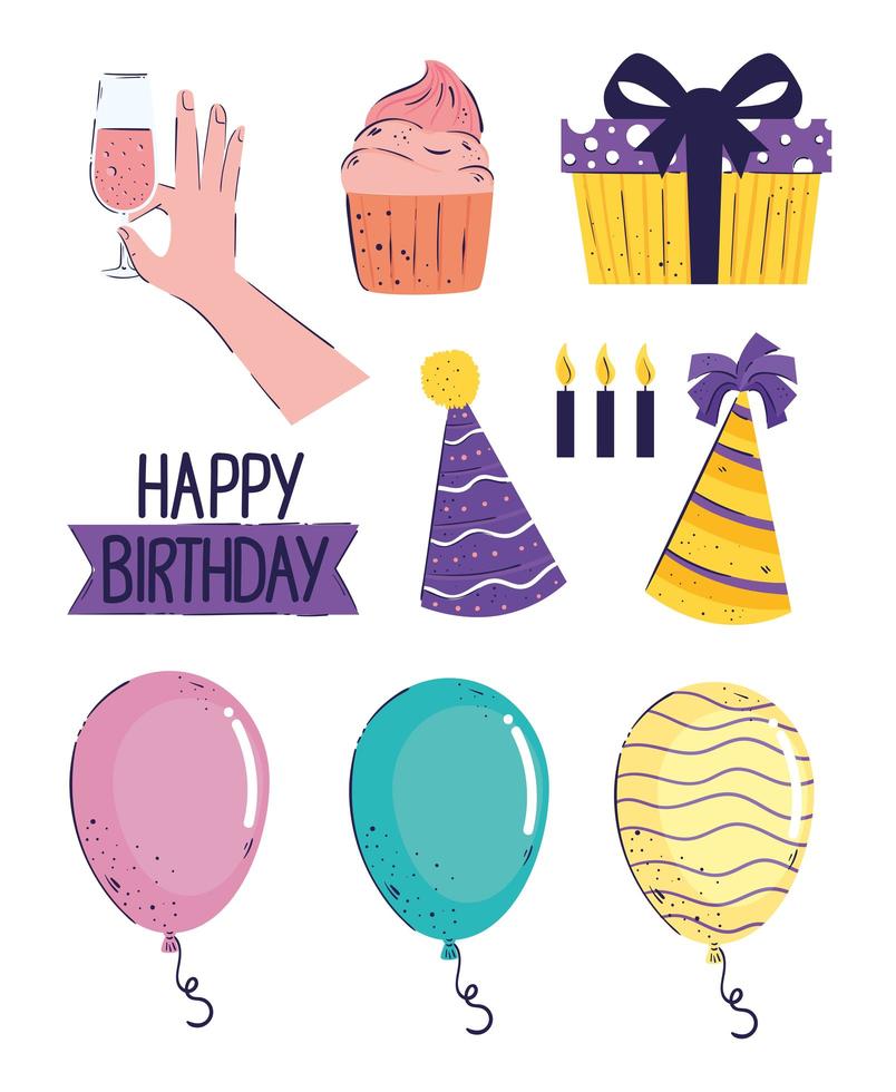 bundle of ten happy birthday letterings and icons vector