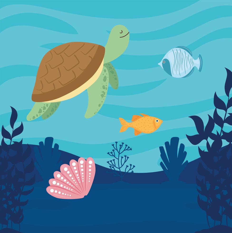 underwater world with tortoise and fish seascape scene vector