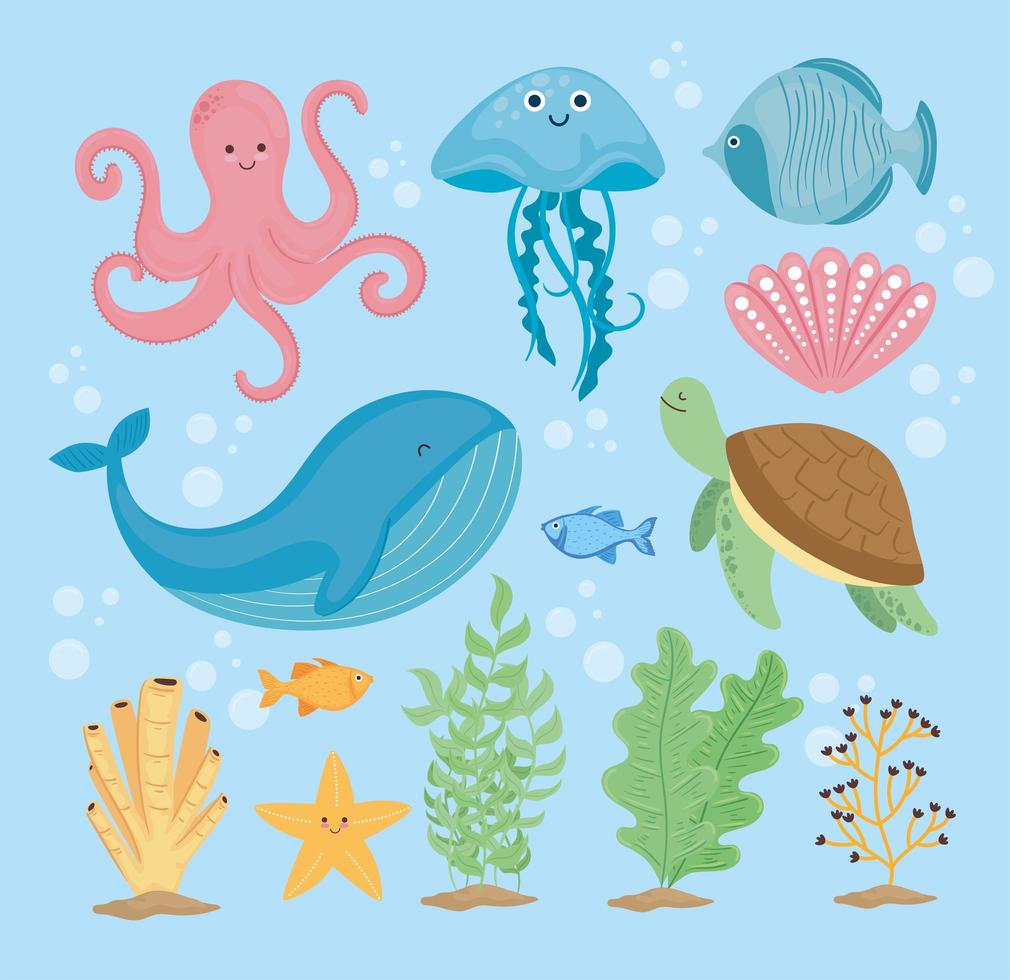 bundle of thirteen underwater world set icons vector