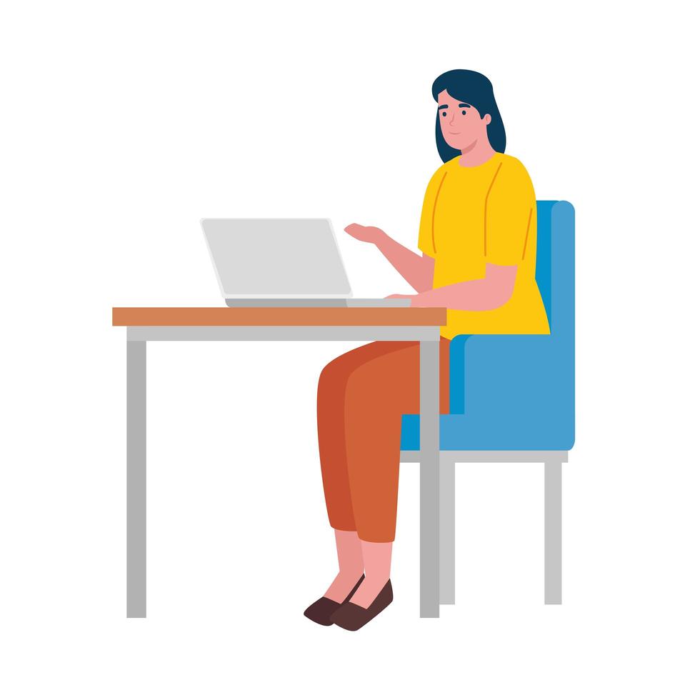 young woman seated in the office working in laptop character vector