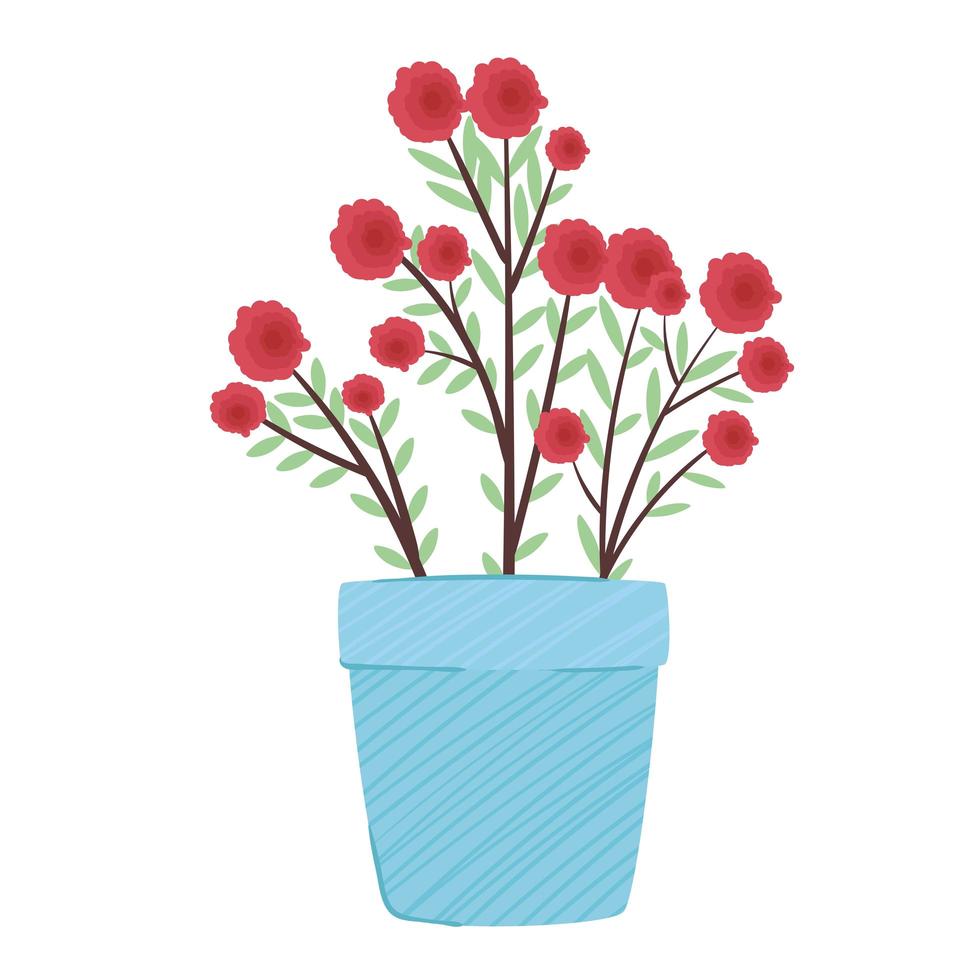 Planta de flores rojas en maceta de cerámica azul icono de temporada de primavera vector