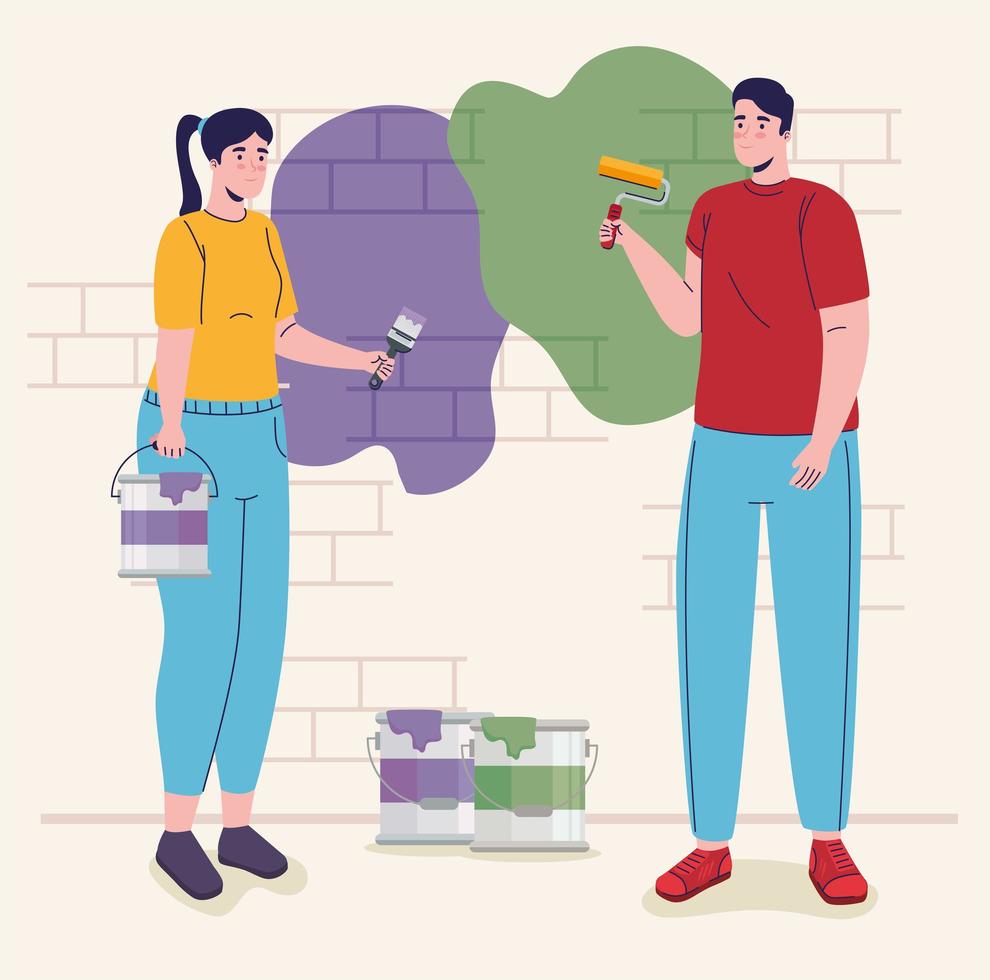 builders constructors couple with paint roller and brush characters vector