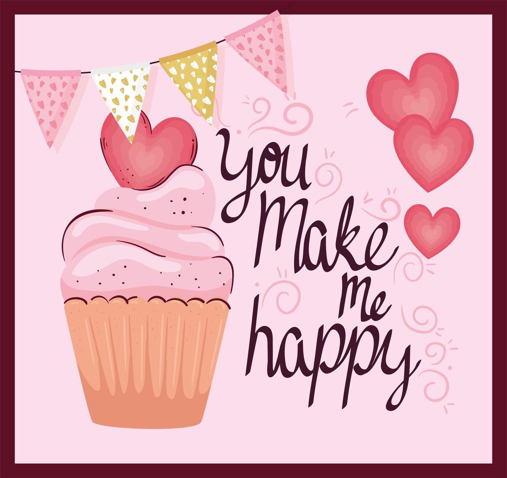 feliz día de san valentín tarjeta de letras con cupcake y corazones vector