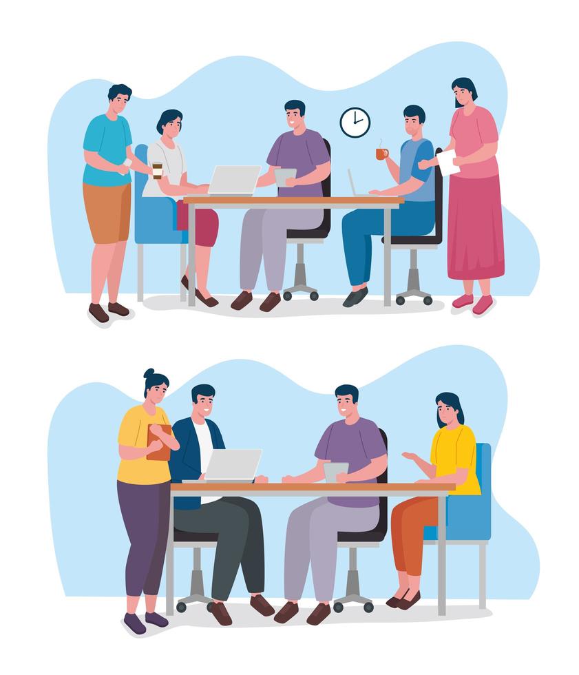 group of nine workers coworking office characters vector