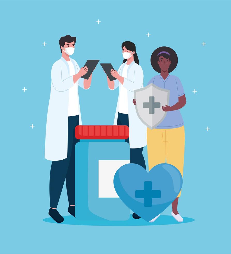 medical staff group of three workers with immune system shield and bottle drugs vector