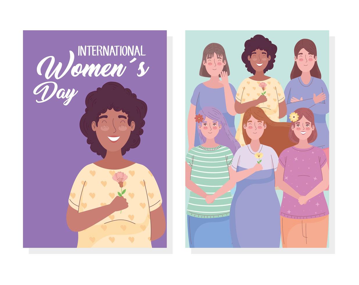 happy womens day lettering with interracial girls vector