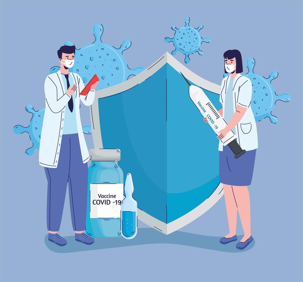 doctors couple with covid19 vaccination icons vector