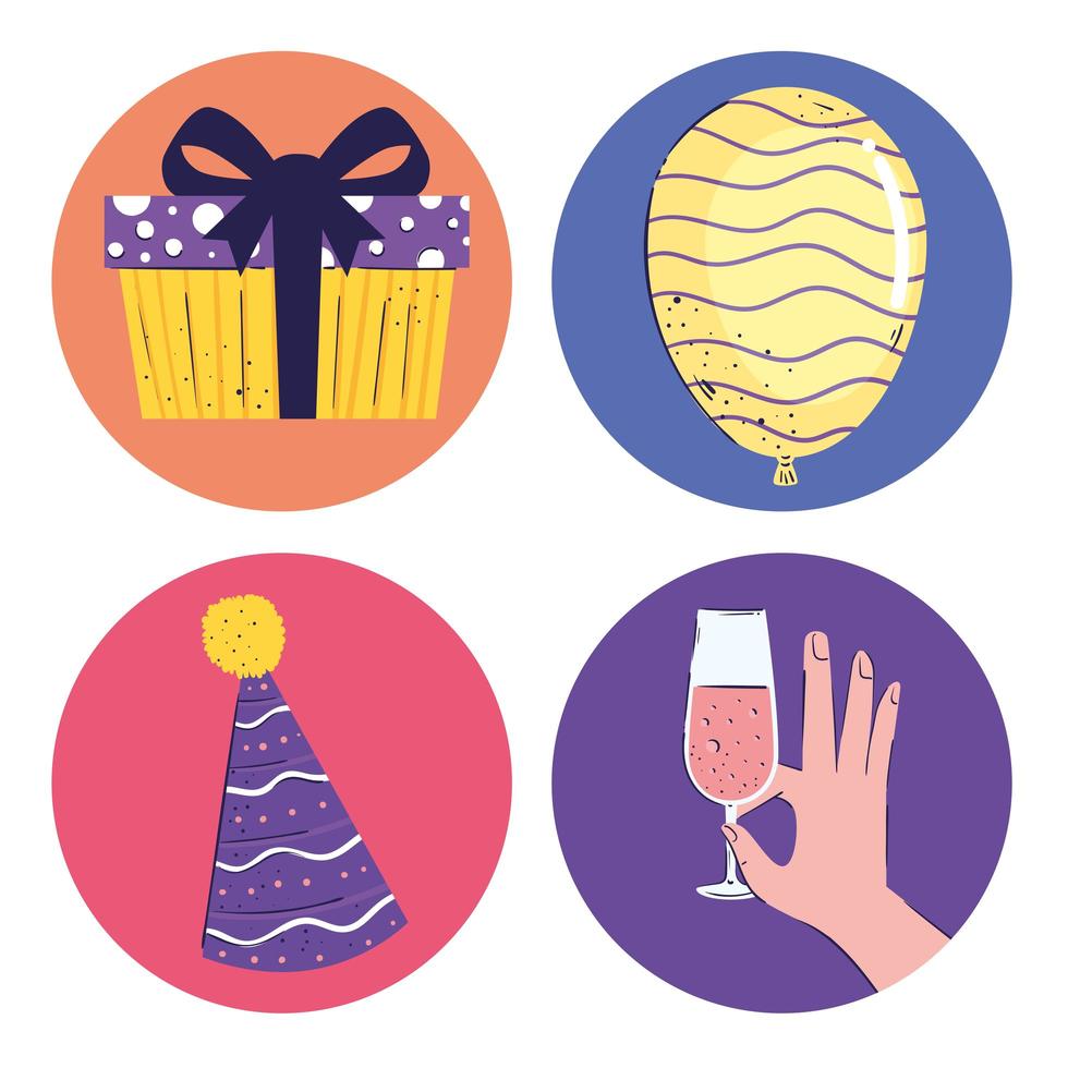 paquete de cuatro iconos de set de cumpleaños vector