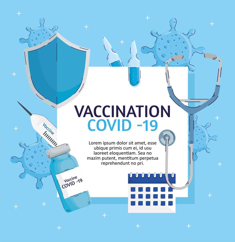 covid19 vaccination lettering with set items vector