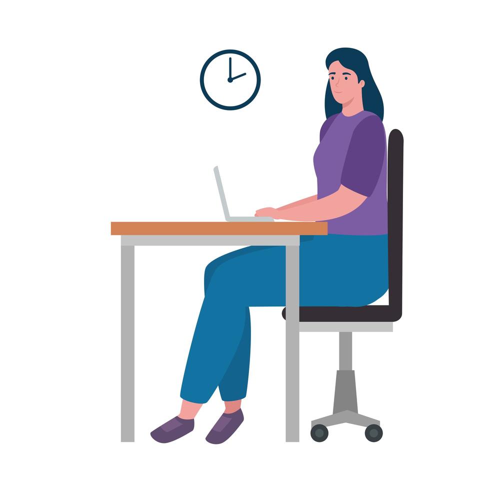 woman seated in the office working in laptop character vector