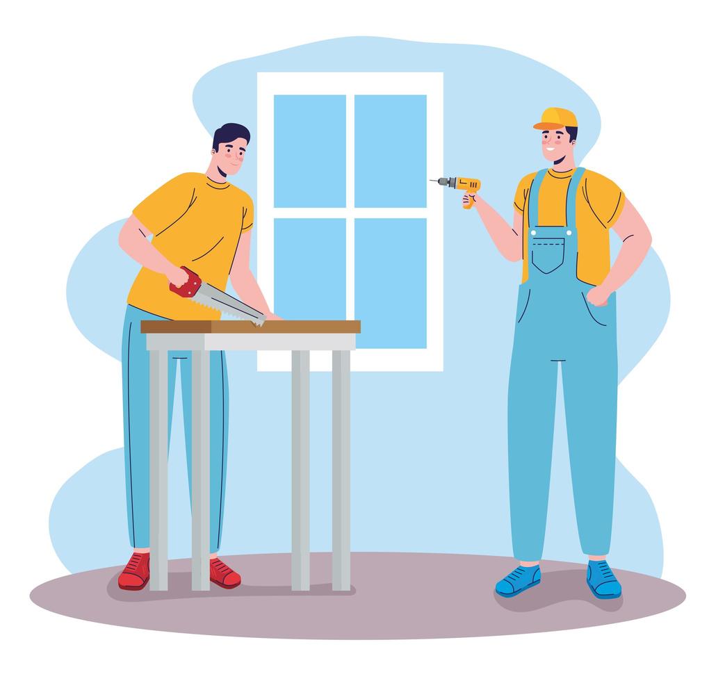 constructores, constructores, hombres, con, serrucho, y, taladro, caracteres vector