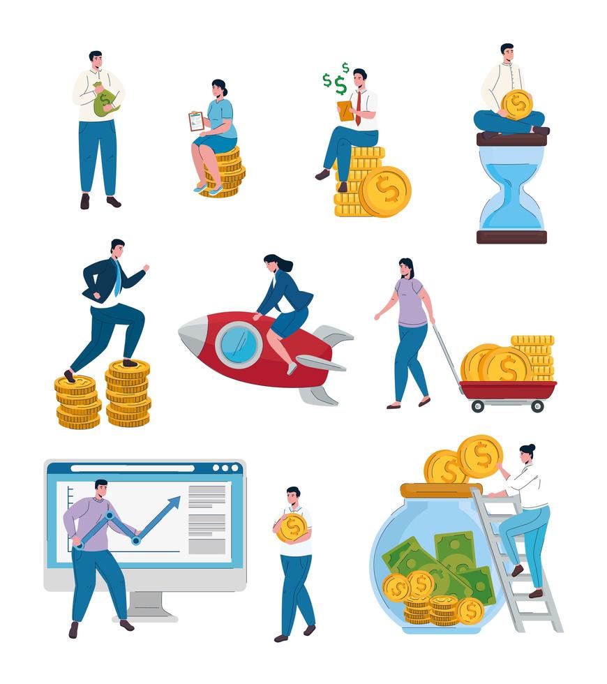 business people teamwork and money set icons vector