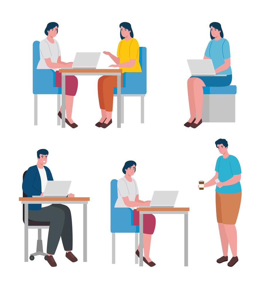 teamwork of six workers coworking office characters vector