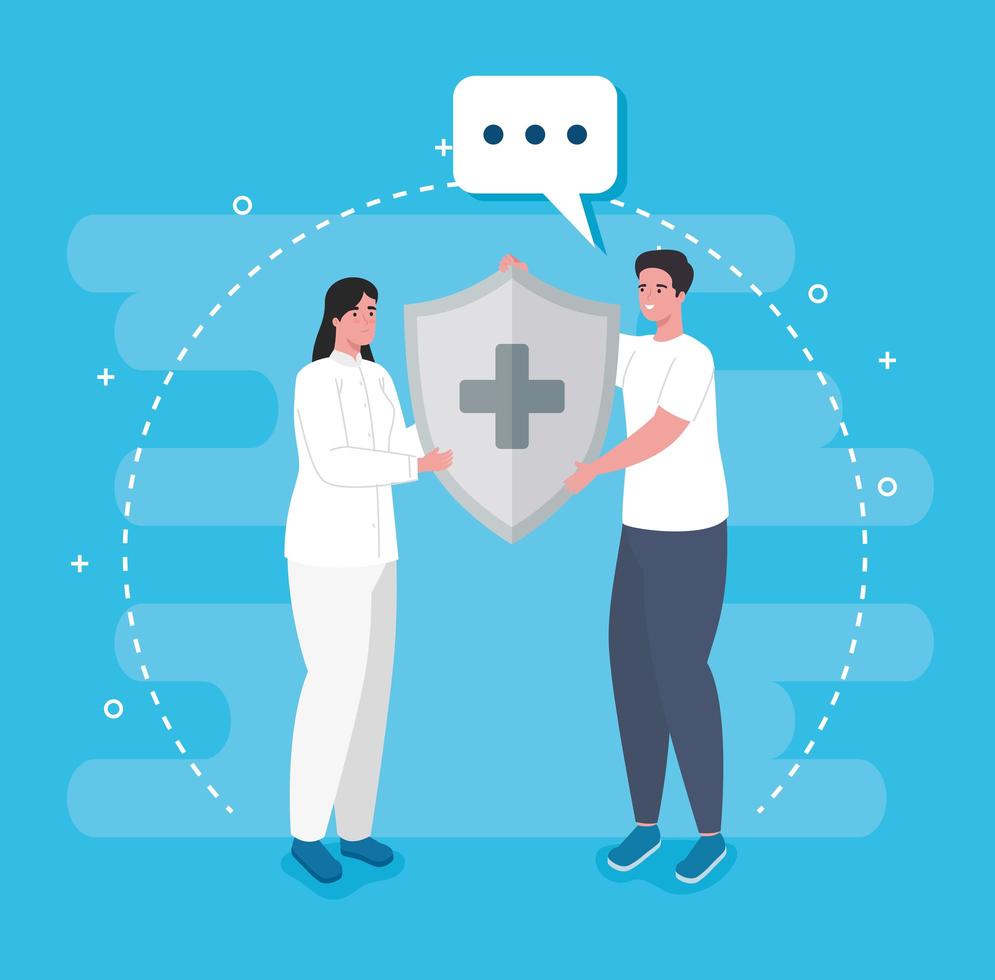 couple of medical workers with immune system shield vector