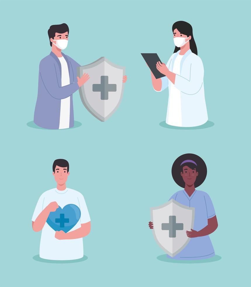 medical staff group of four workers with immune system shield and heart cardio vector